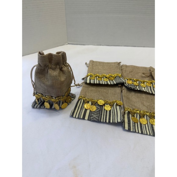 Set of 12 Henna Jute Drawstring Pouches with Decorative Coins and Colorful Trim - Picture 8 of 12